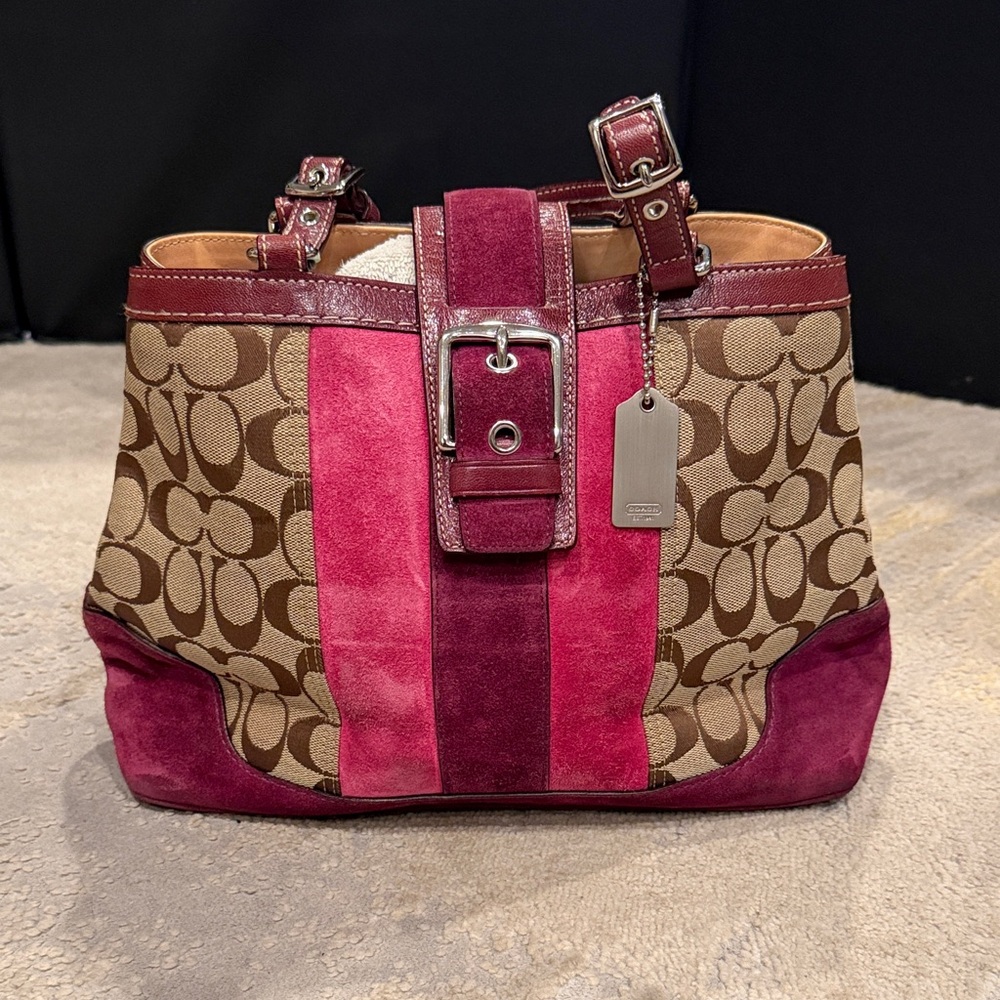Coach Brown Signature Canvas Shoulder Bag with Pink Suede Stripes